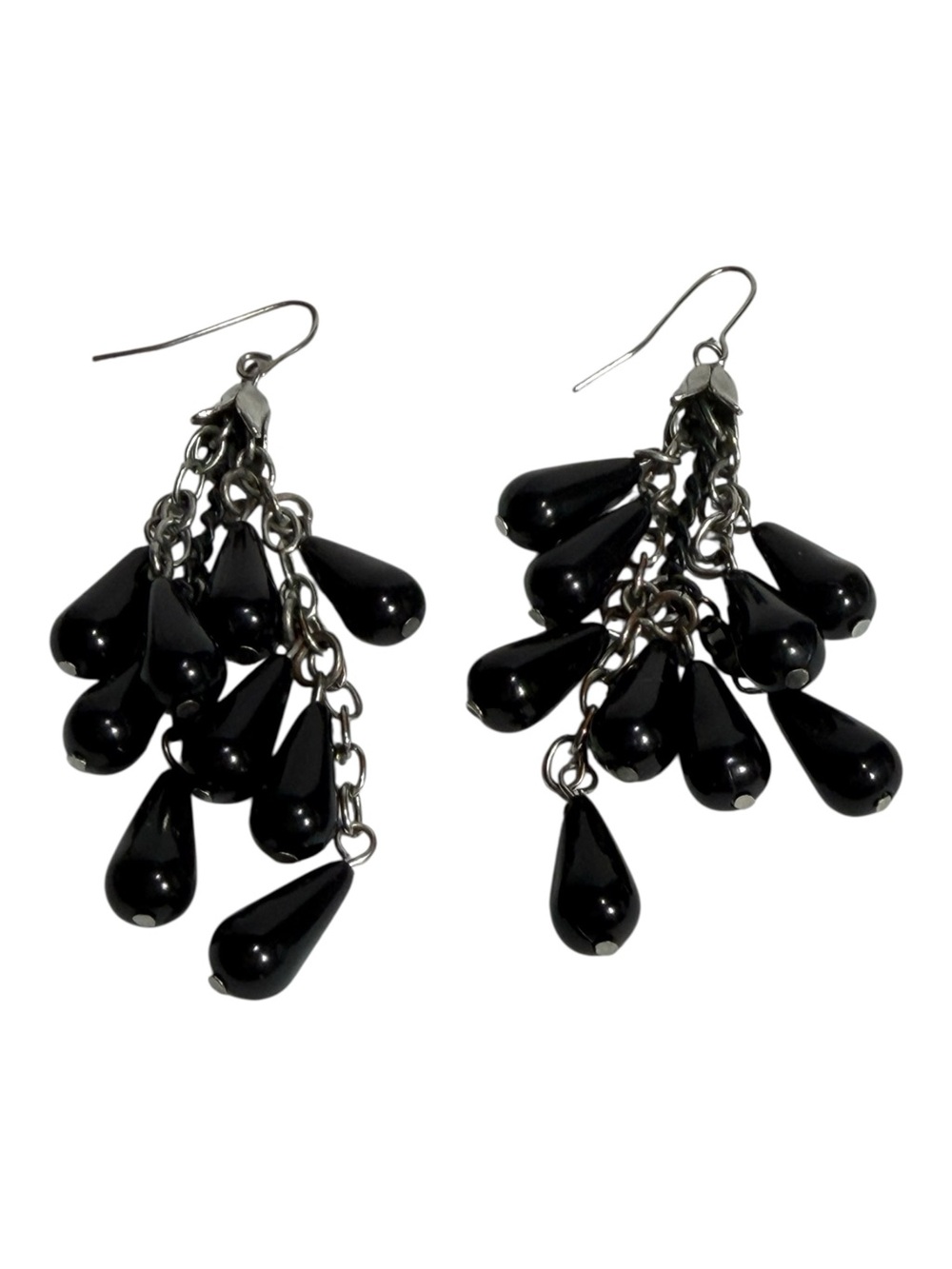Black Cascading Teardrop Beads & Chain Long Dangle Earrings Dark Whimsigoth